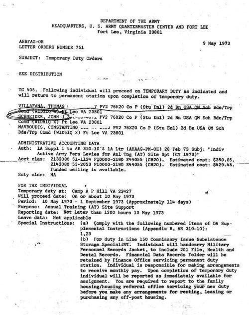 Orders, Assigned Temporary Duty, Camp A.P. Hill, Virginia